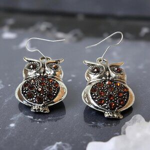 Vintage Silver Tone With Red Rhinestones Owl Dangle Earrings